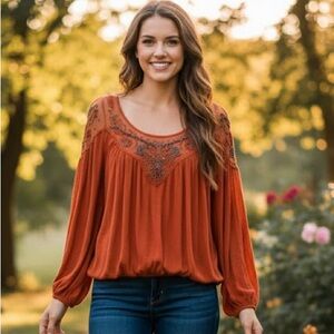 FREE PEOPLE Sky Banded Bohemian Top in Burnt Rust